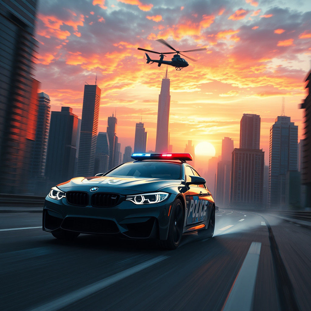 Dystopian Police Chase at Sunset: Fantasy Concept Art