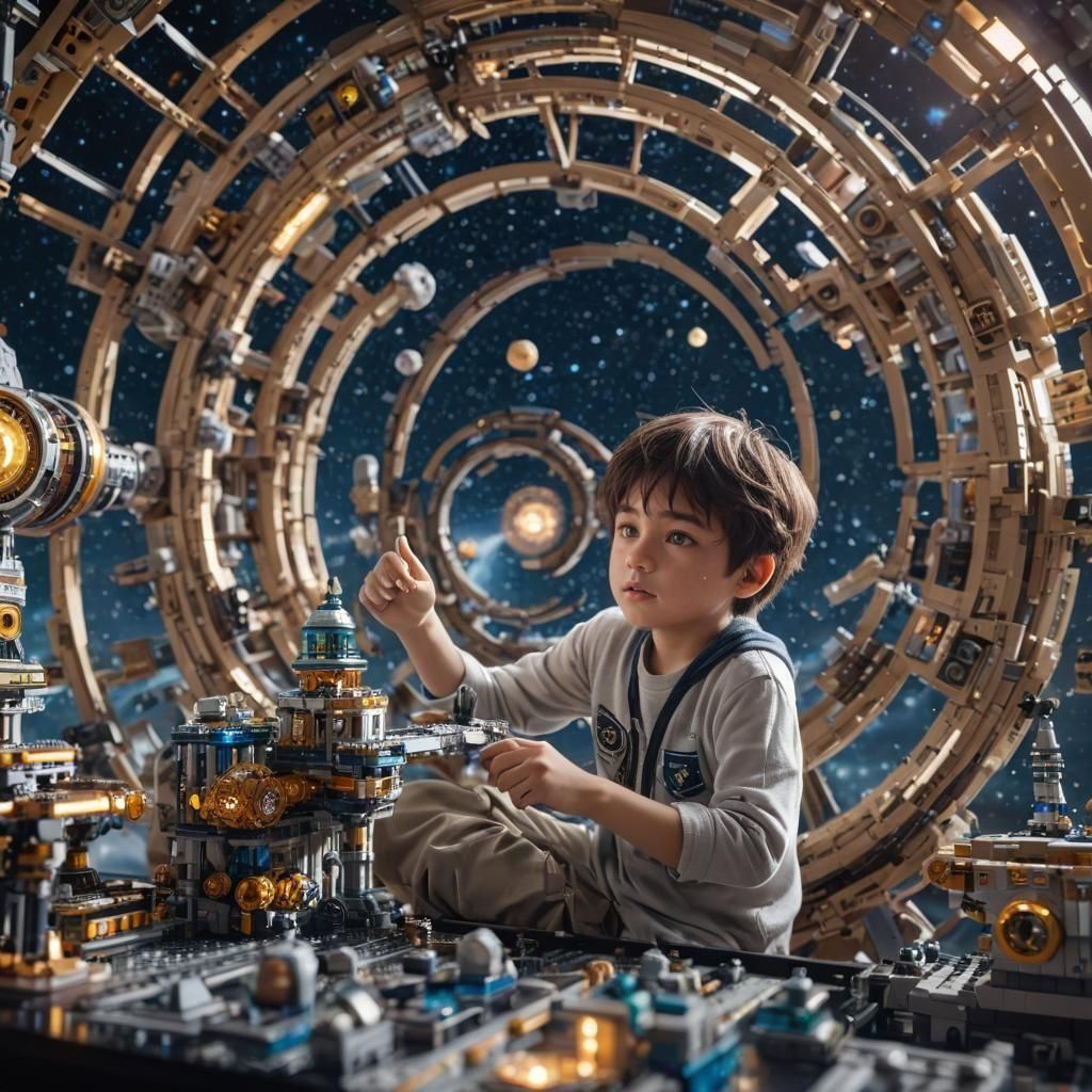 Boy Building Lego Space Station in Anime Style