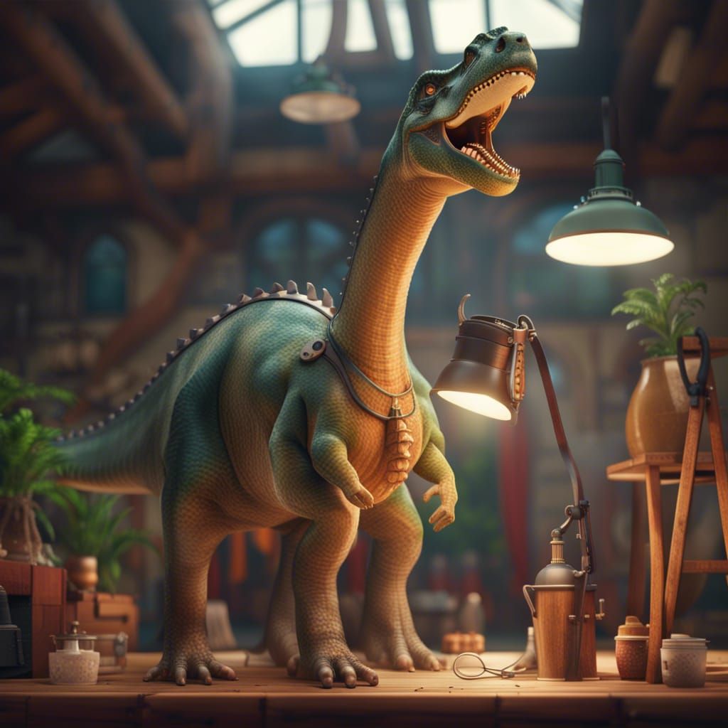 Diplodocus Dinosaur Repairs a Lamp in Museum