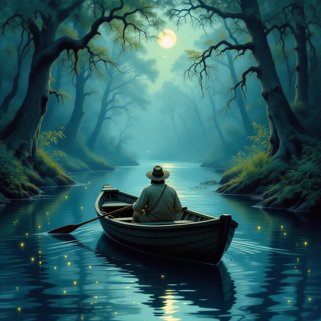 Moonlit River Scene with Lone Figure in Vintage Rowboat