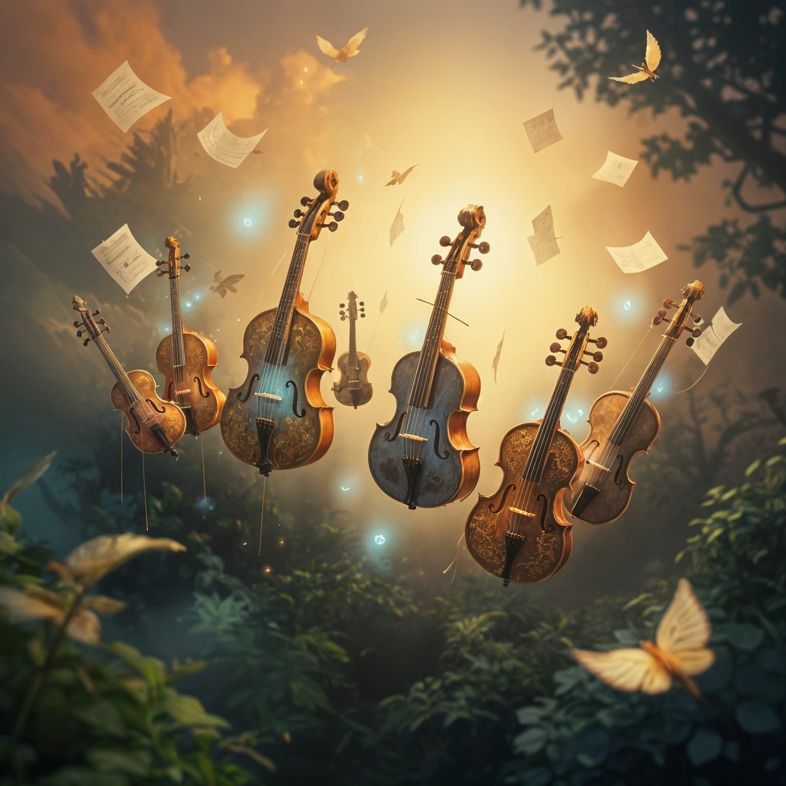 Whimsical Magical Instrument Orchestra in Dreamlike Twilight