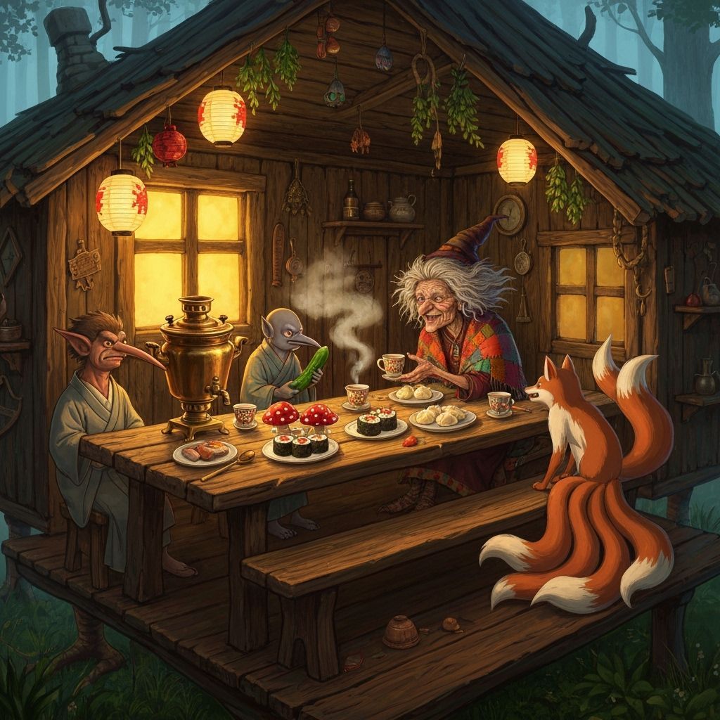 Baba Yaga Hosts Tea Party for Japanese Yokai in Misty Forest