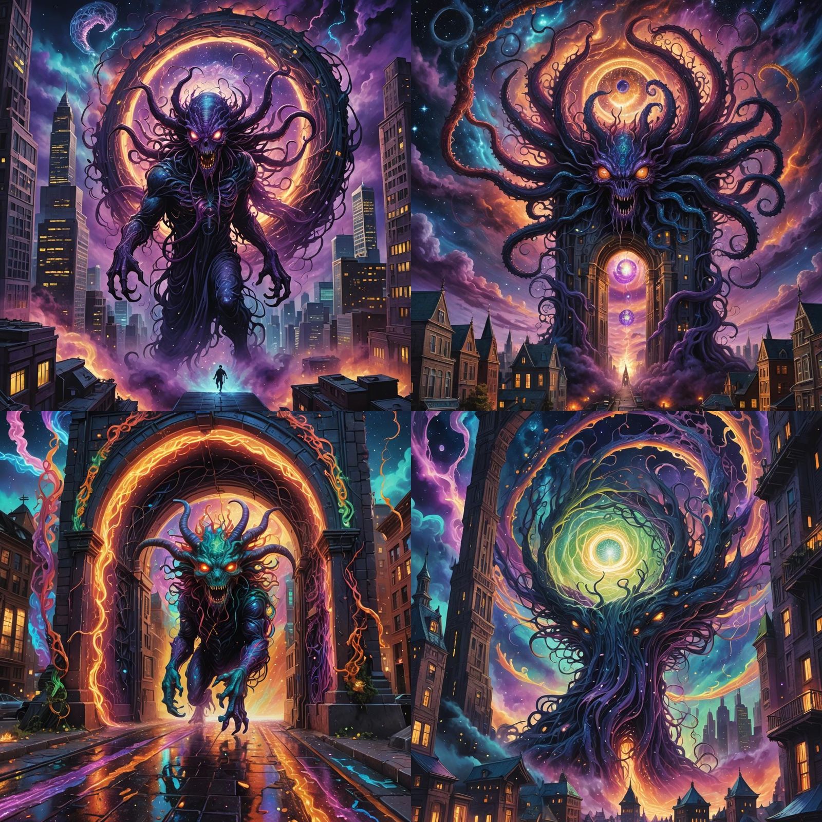 Cosmic Eldritch Creature Exiting Portal, Holographic Illustr...