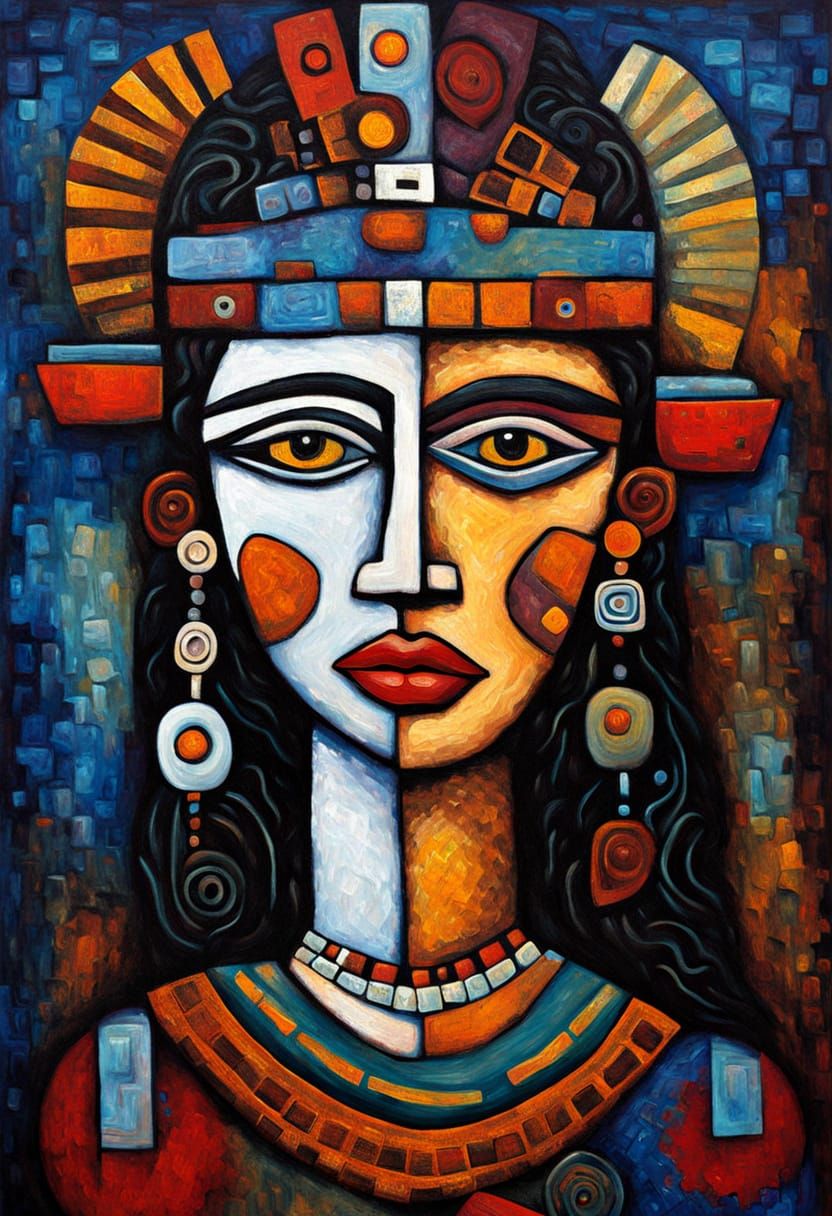 Toltec-Aztec Female Portrait in Impasto Style
