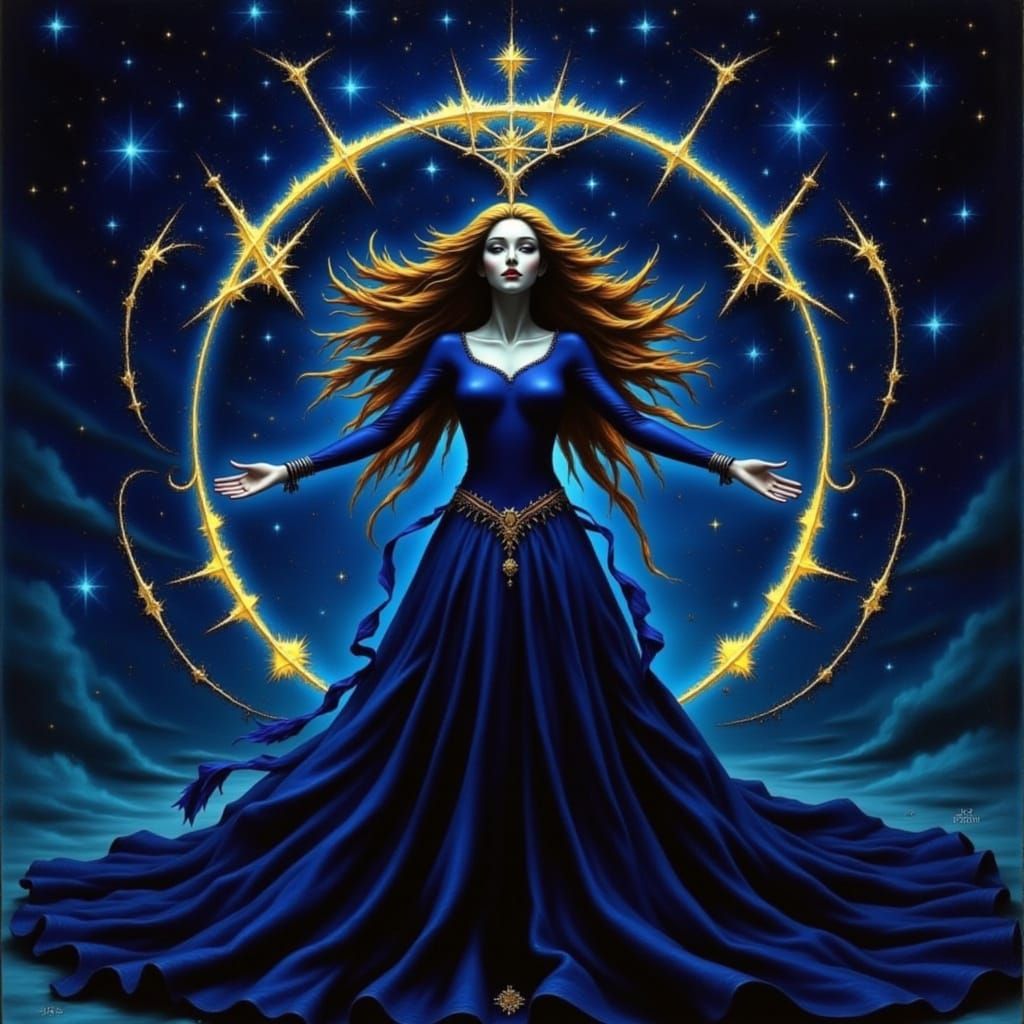 Golden-Haired Goddess Floating in Starry Sky