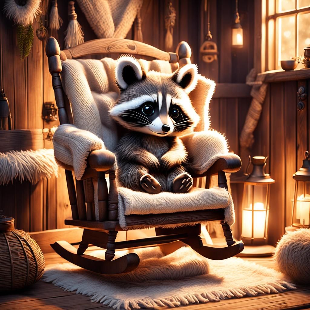 Cozy Raccoon in Cabin, Digital 3D Art