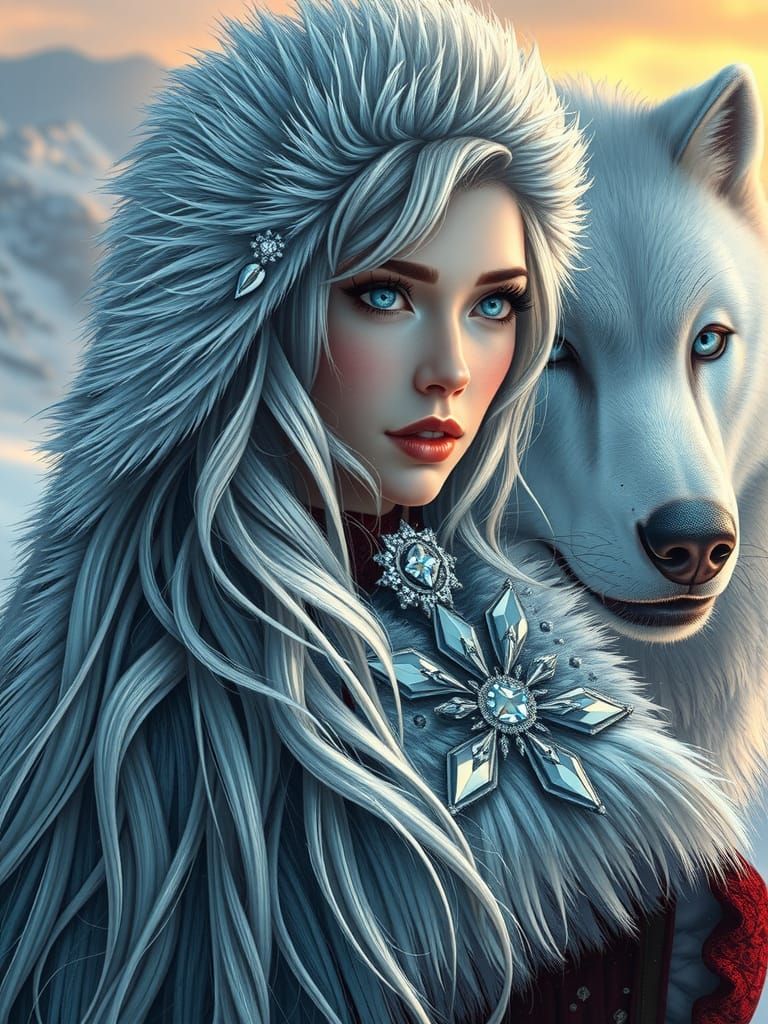 A beautiful snow princess with silver hair in a fur hood jac...