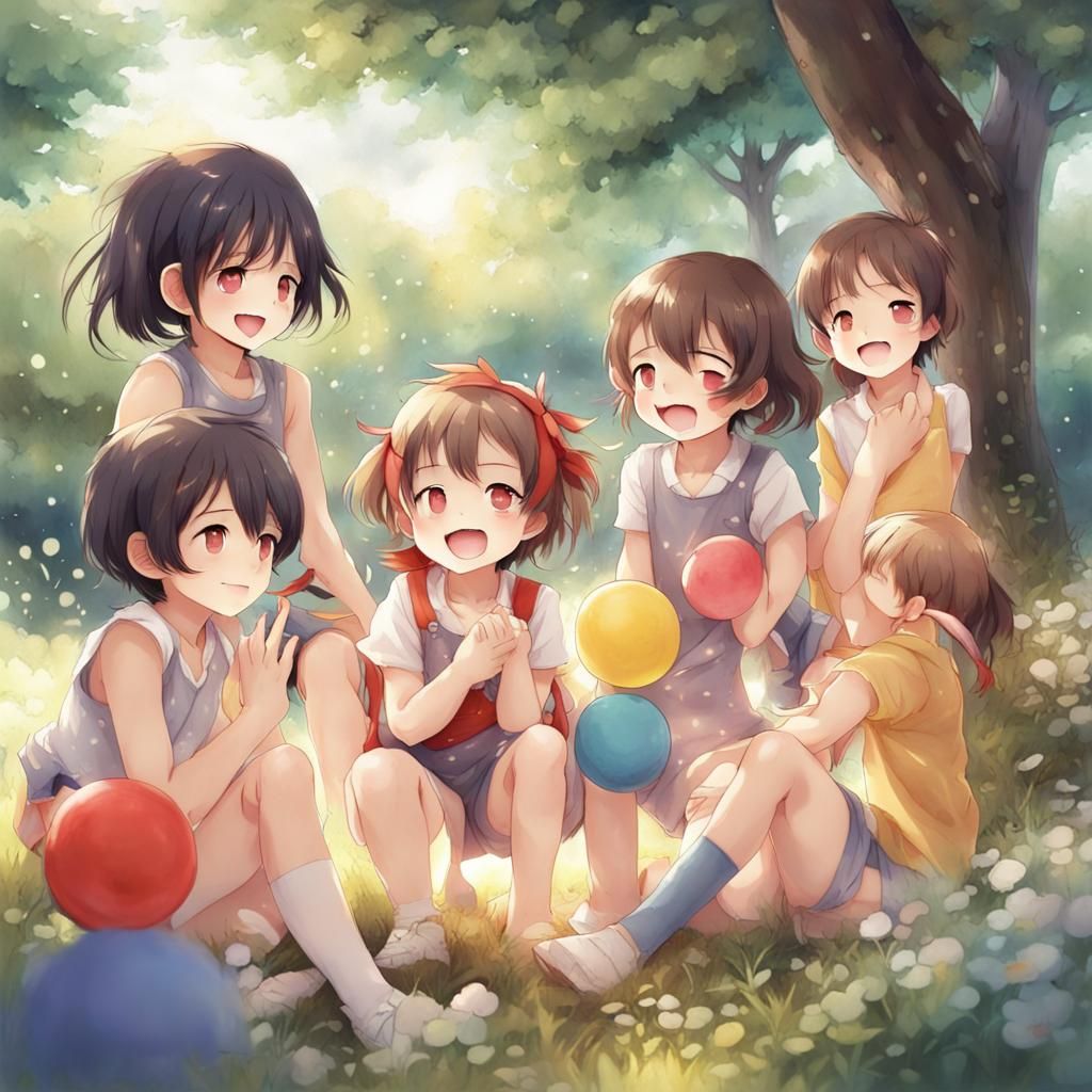 Happy Children Playing: Anime Style Illustration