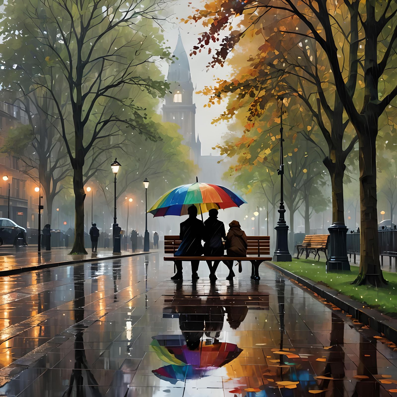 Rainy Manchester Cityscape as Impressionist Oil Painting