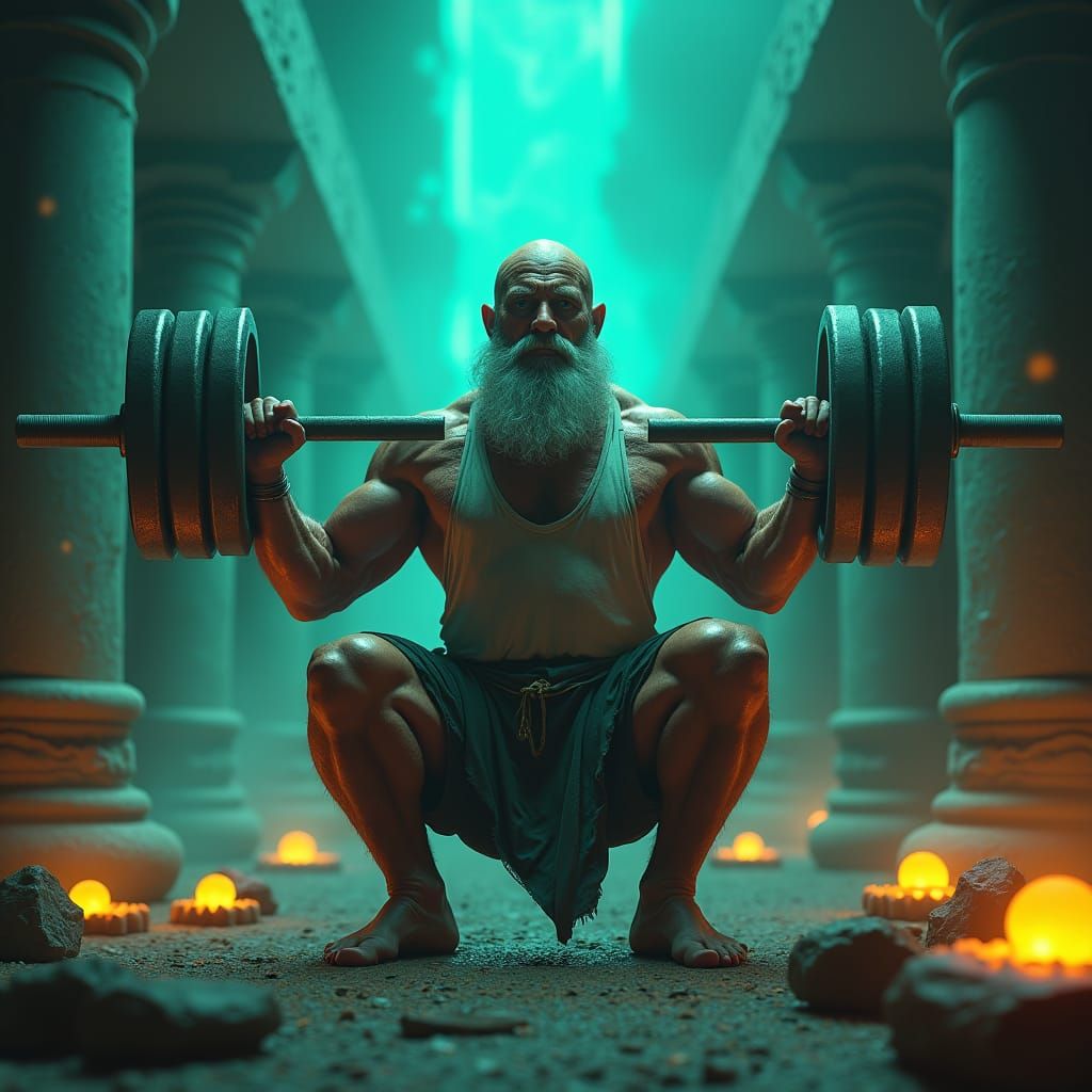 Muscle-Bound Old Man Trains in Ancient Temple