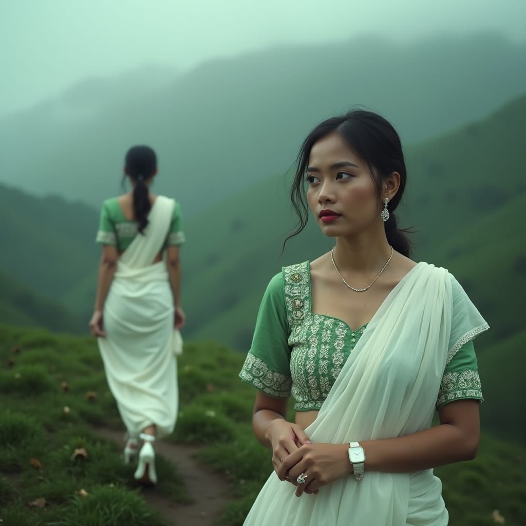 Woman in White Saree, Cinematic Misty Portrait