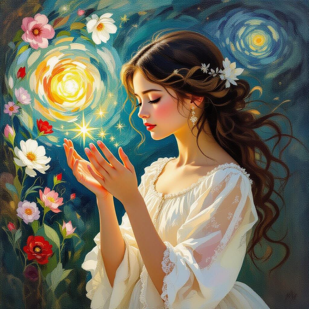 Girl Touches The Void, Stars Bloom: Impressionist Style