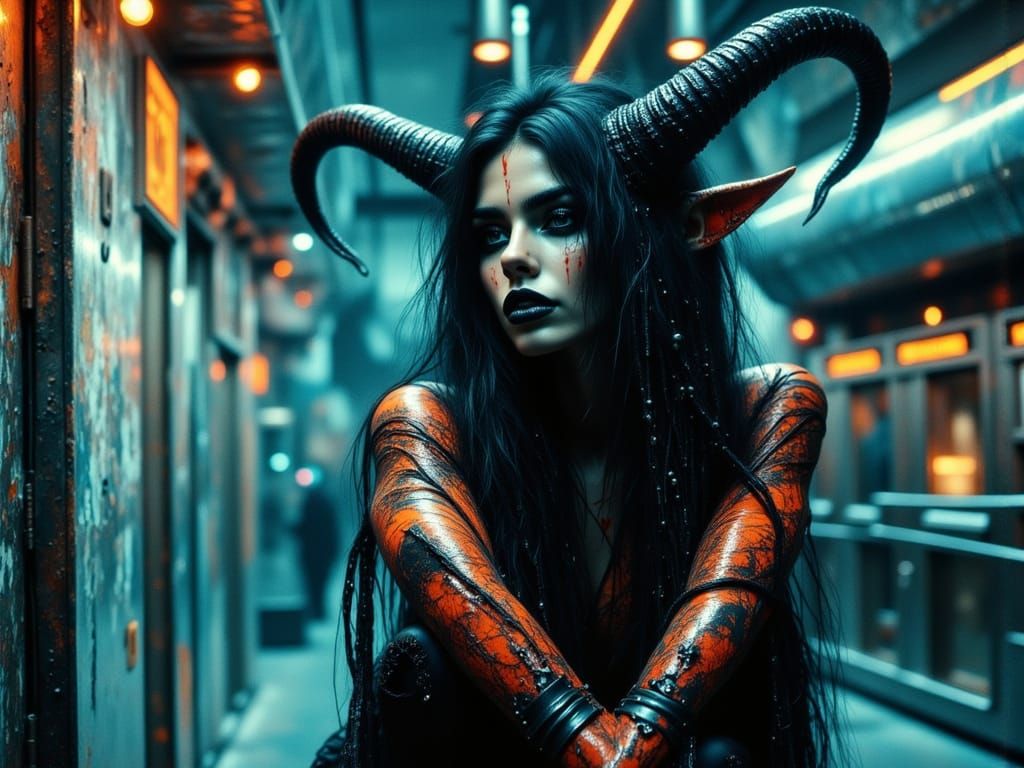 Demonic Queen with Chrome Skin in Cyberpunk Style