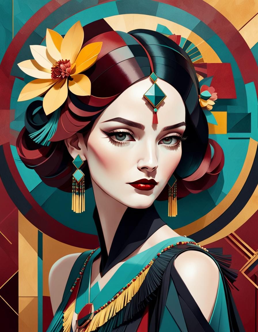 Elegant Woman Portrait in Geometric Art Deco Style