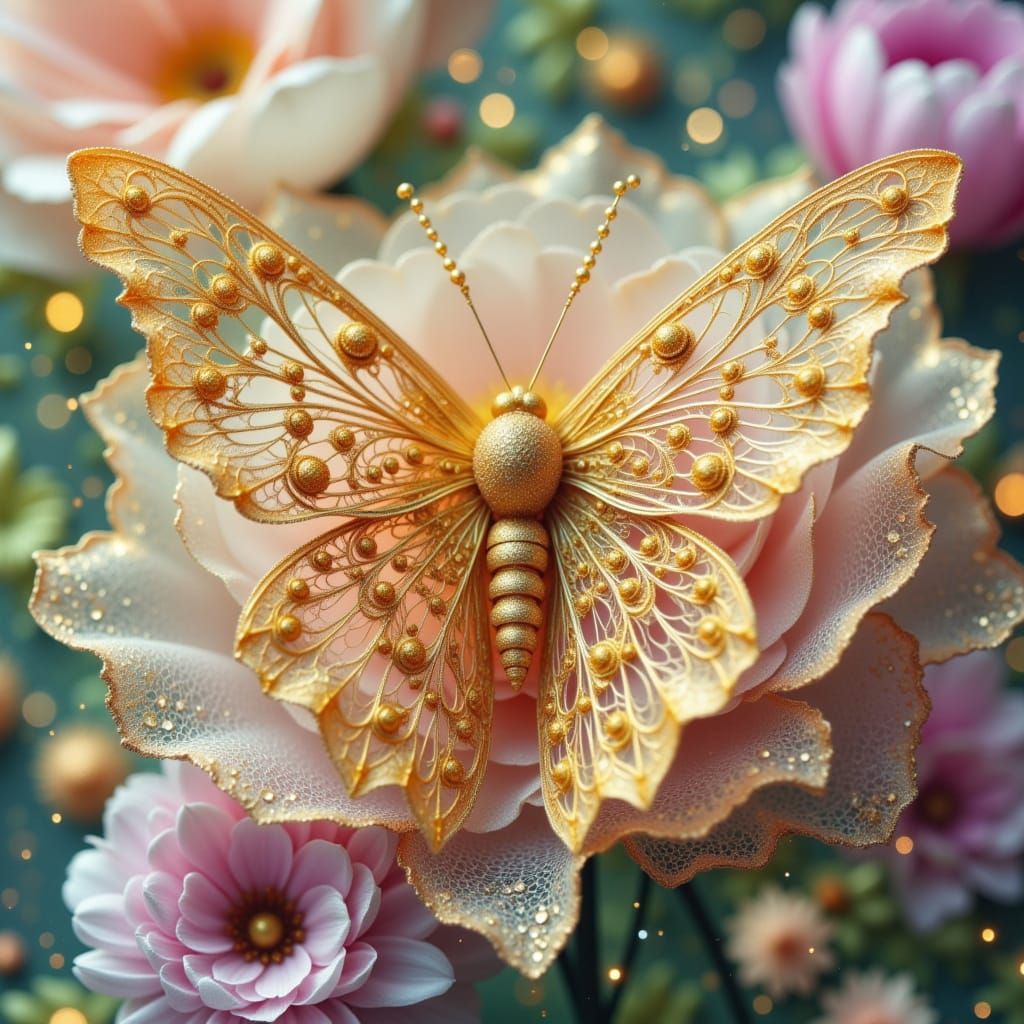 From a bird's eye view, a golden lace moth, crafted from exquisite porcelain, rests delicately on a fractal-patterned fl...