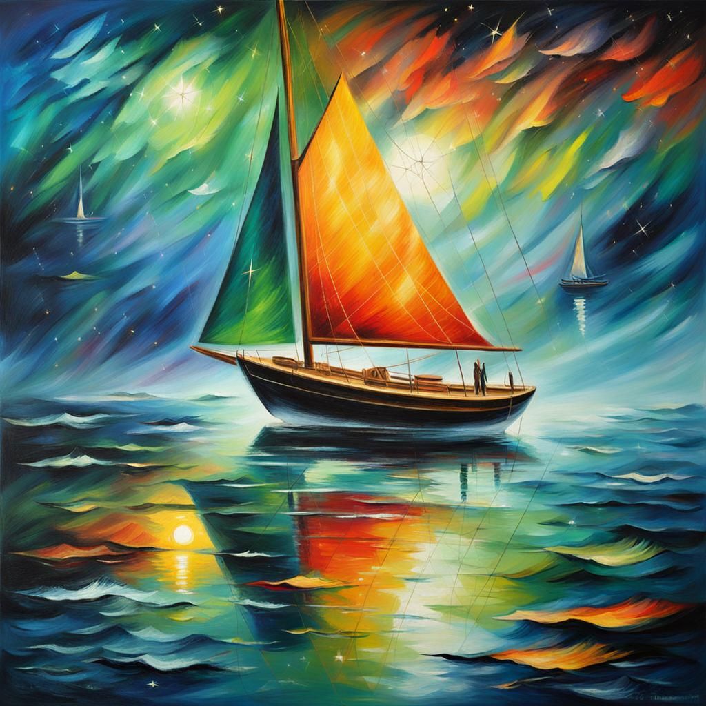Sailboat Under Aurora Borealis: Expressionist Oil Painting