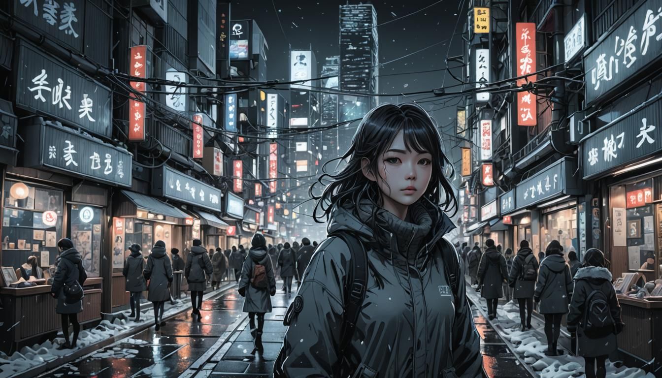Girl in Winter Tokyo: Chaotic Line Art