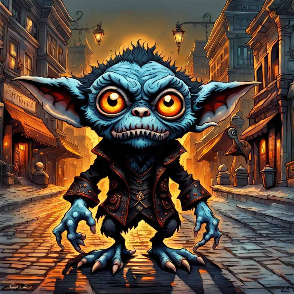 Demon Gremlins on a City Street in Acrylic Style
