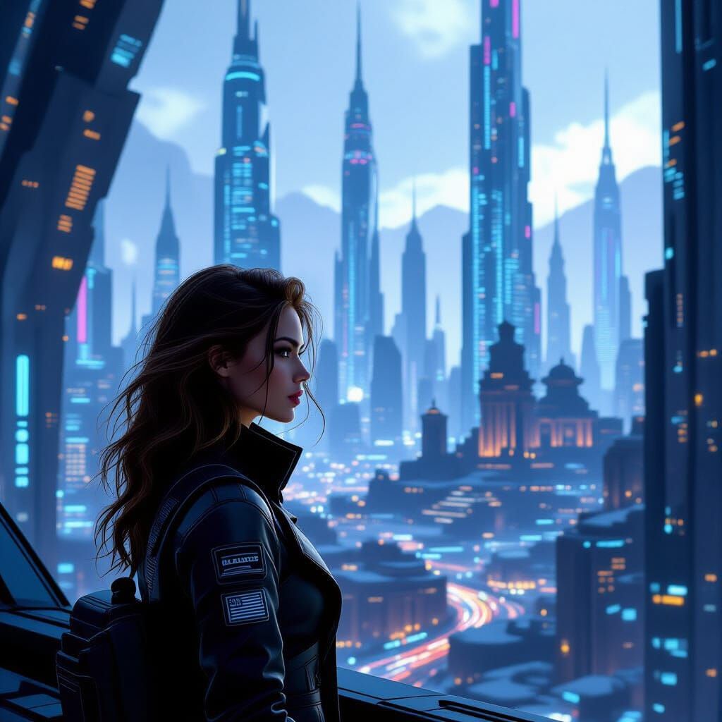 Futuristic Cityscape with Ancient Ruins, Neon Aesthetic