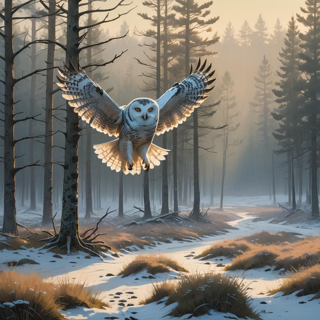 Snow Owl Soaring Over Heathland at Dawn