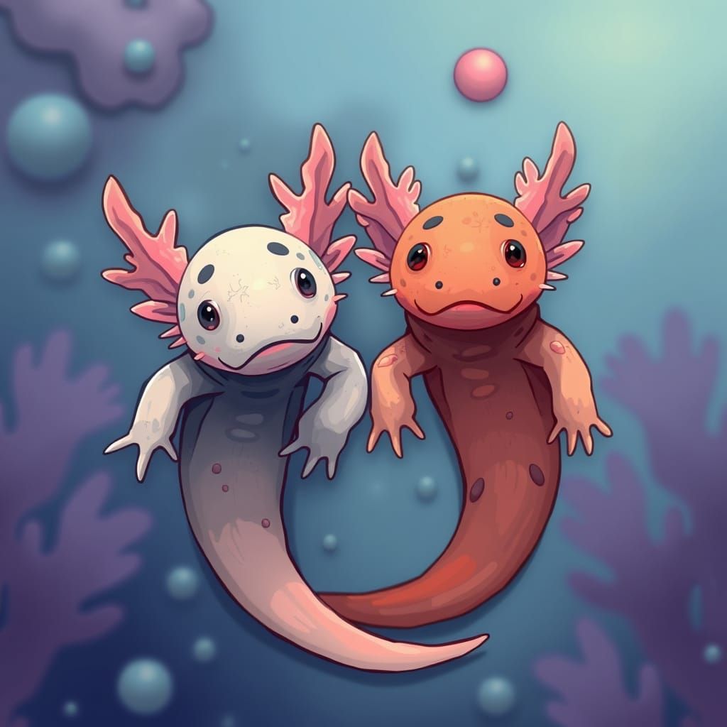 Mysterious Axolotl Twins in a Dreamlike Setting