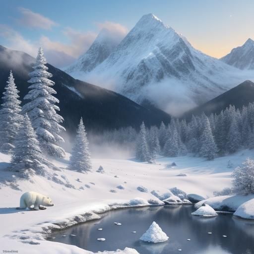 Polar Bear Sipping Tea on Snowy Mountain in Digital Art
