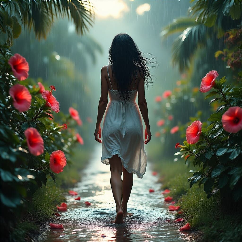 Woman in Sundress Walking Through Stormy Garden