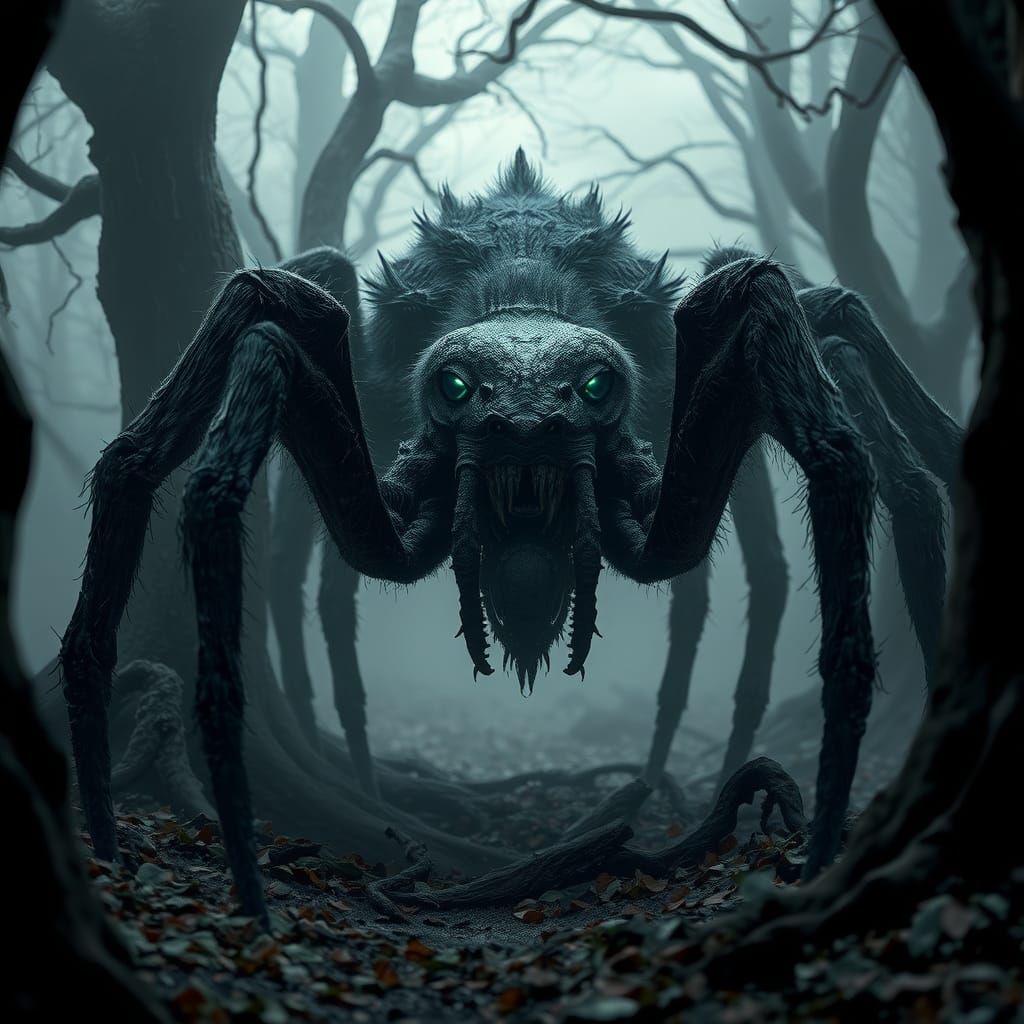 Hyperrealistic Spider Creature in Misty Forest