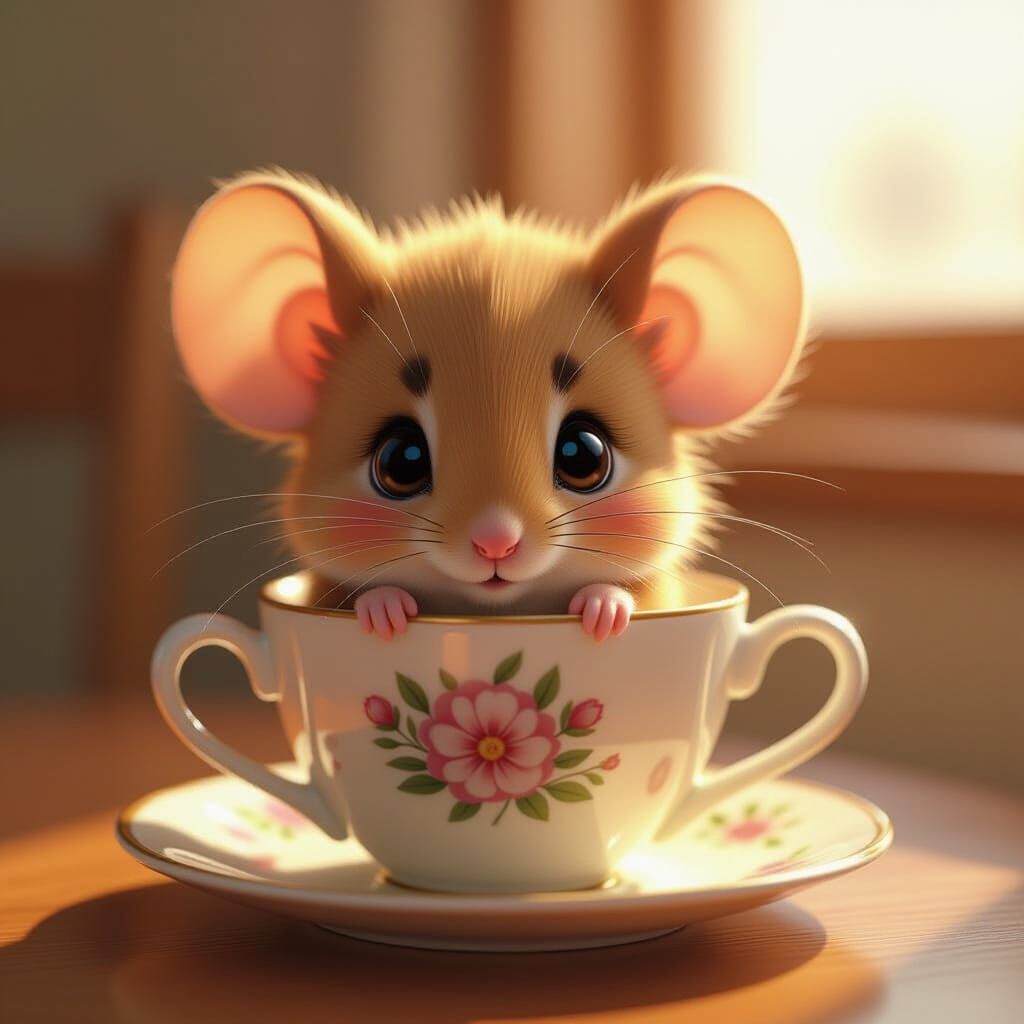 Shy Mouse Peeking from Teacup: Digital Illustration