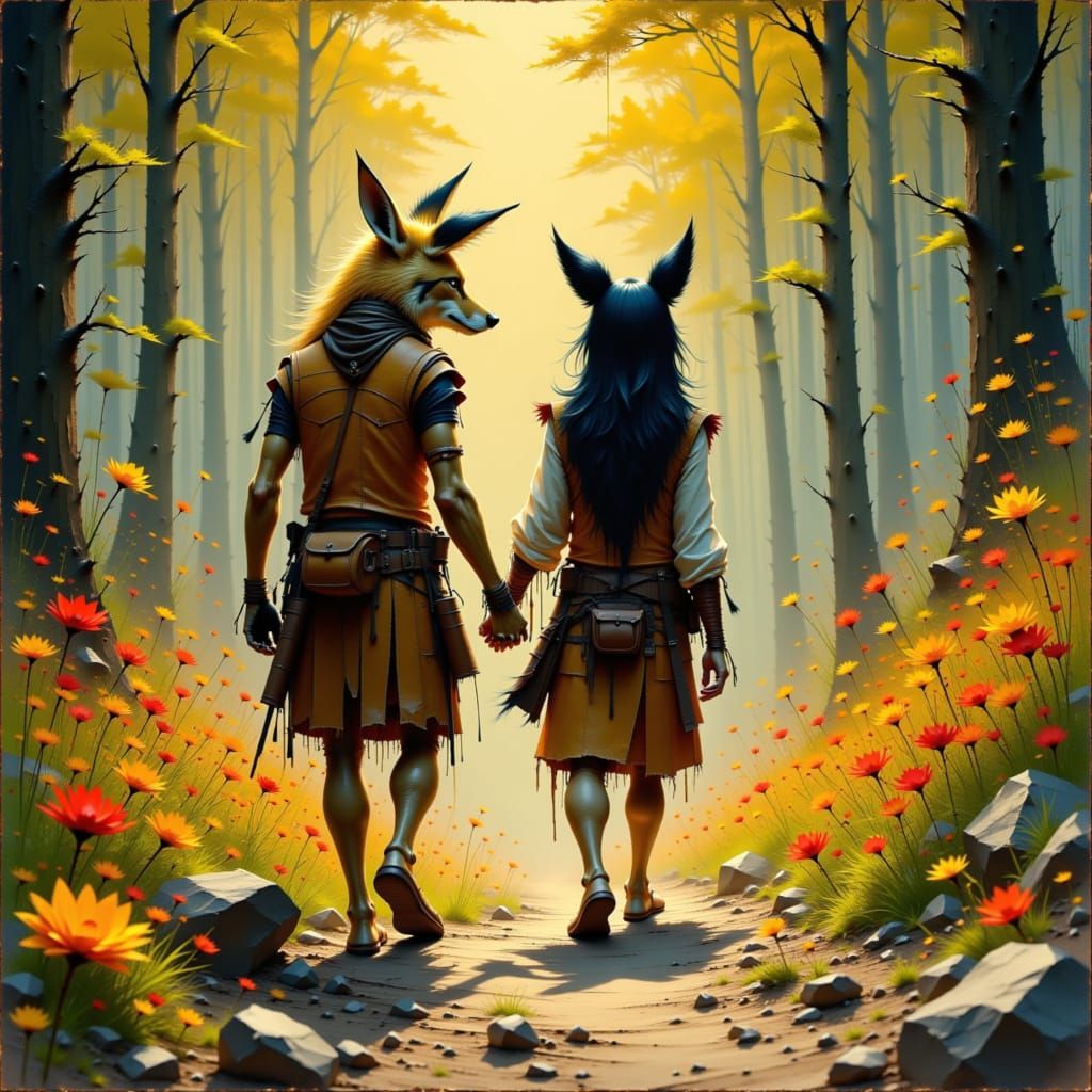 Coyote and Kaknu in a Vibrant Forest