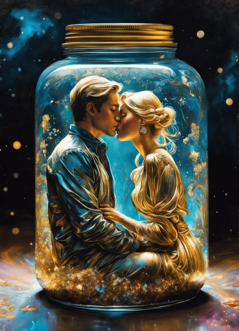 Couple kissing in a jar