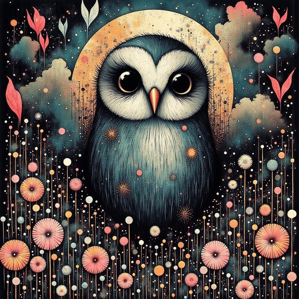 Whimsical Owl in a Mystical Forest, with Vibrant Flowers and...