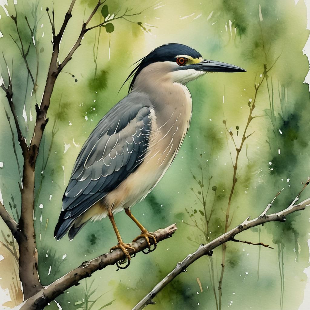 Black-Crowned Night-Heron in Naive Watercolor Style