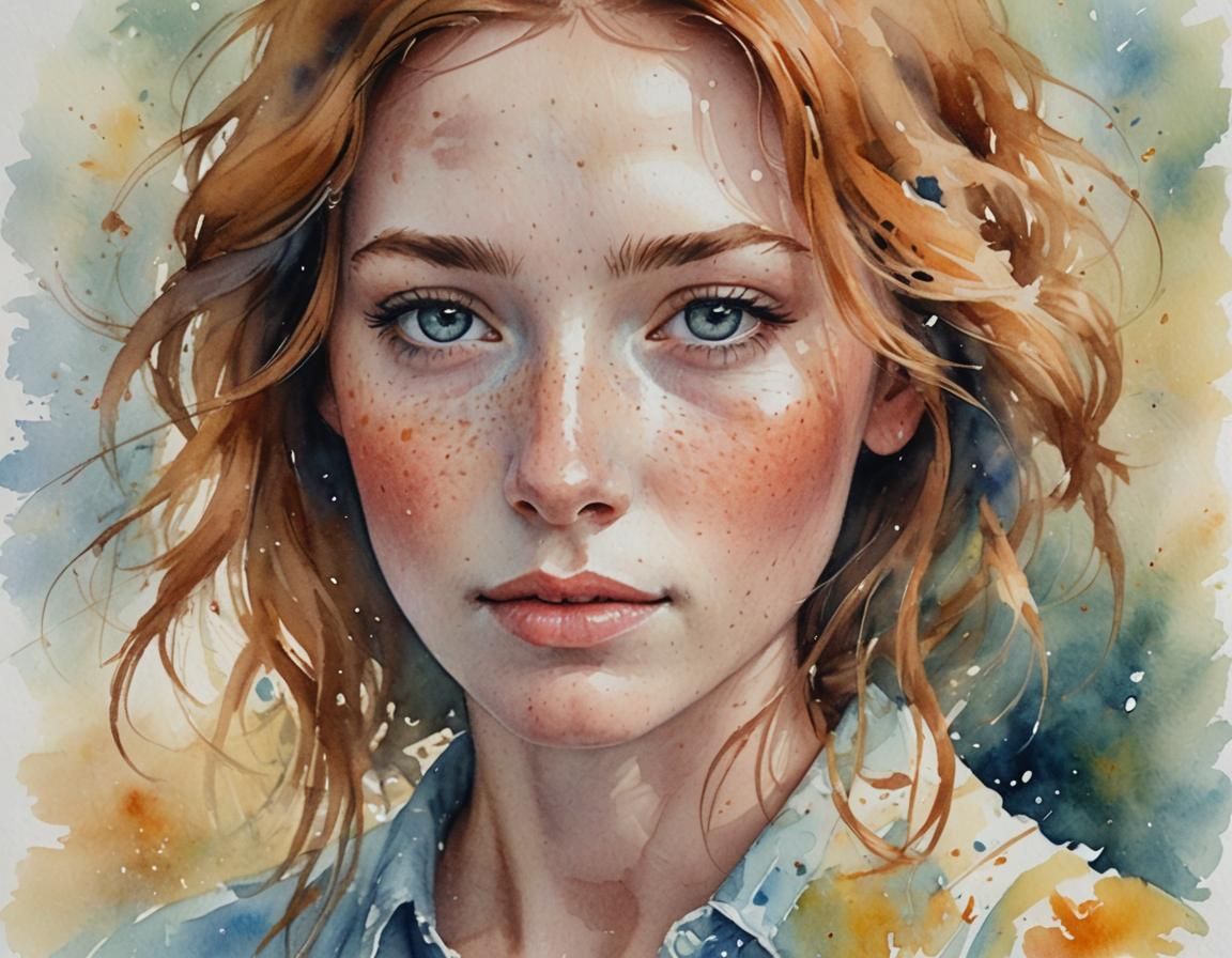 Impressionistic Portrait of Freckled Girl in Watercolor