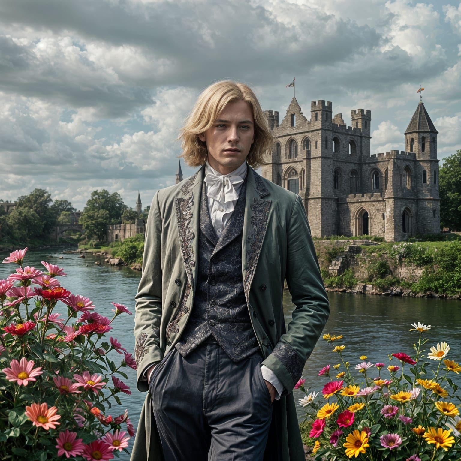 Man in Morning Coat Stands Beside River in Full Bloom