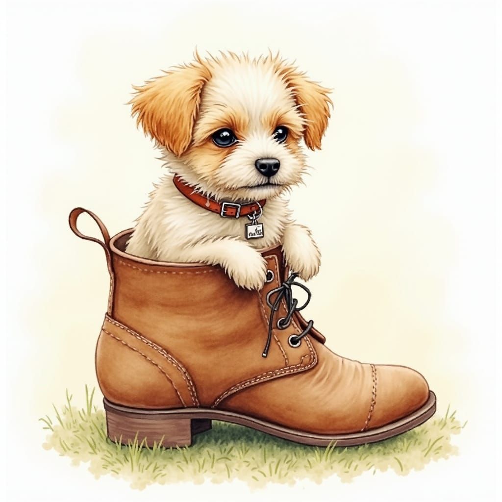 Delicate Watercolor of Small Dog in Vintage Leather Boot
