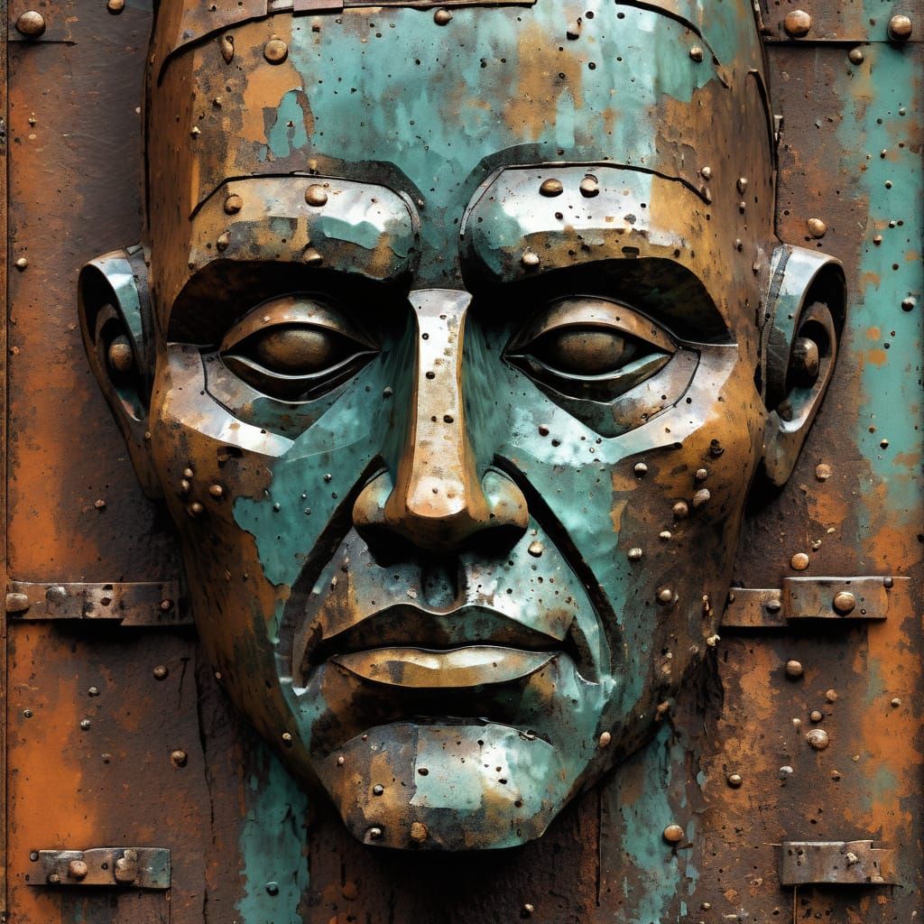 Corroded Face Sculpture in Grimy Industrial Setting
