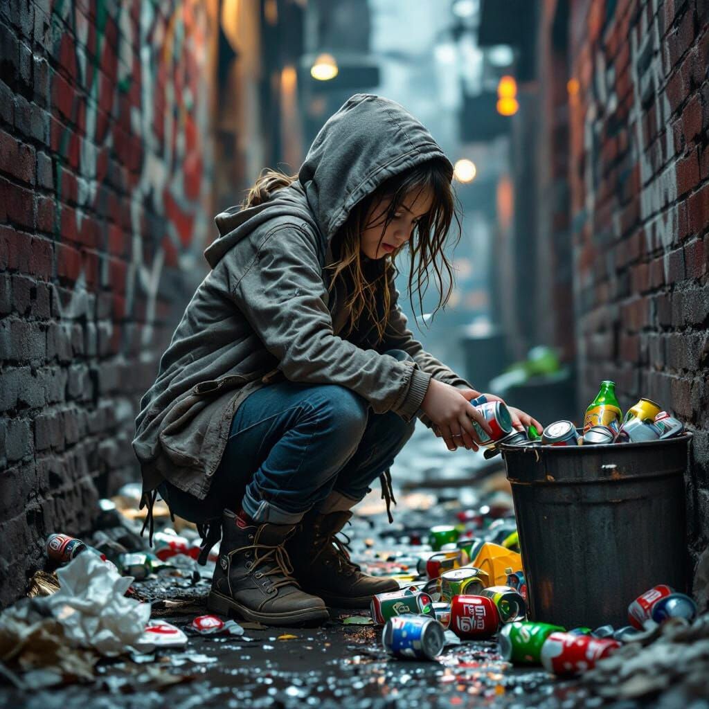 Homeless Girl Scavenging in Alleyway: Gritty Realism