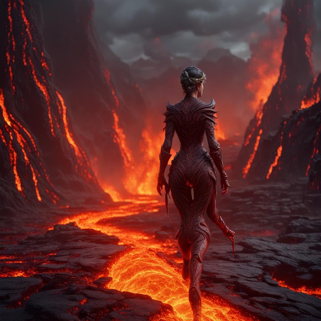 Woman Strolls on Lava: Detailed Matte Painting