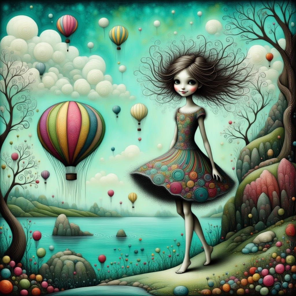 Woman Watches Hot Air Balloons from Cliff Overlooking Sea