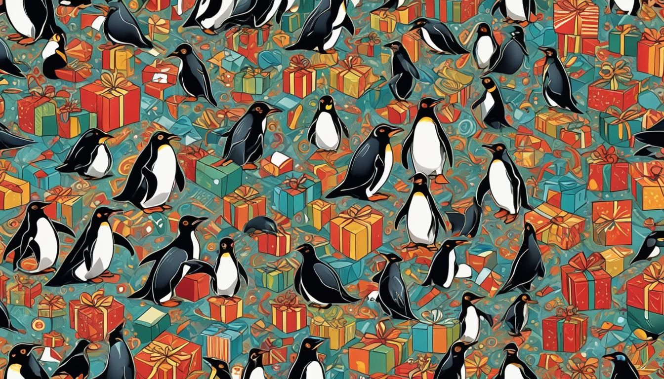 Penguins Delight in Christmas Gift Wrapping Chaos in Vibrant...
