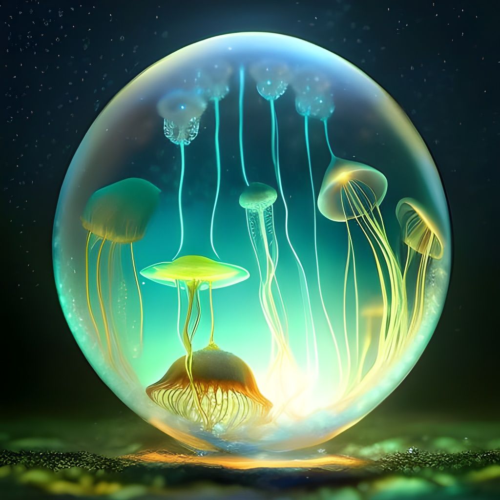 Bioluminescent Jellyfish in Glass Bowl: Dreamy Digital Art