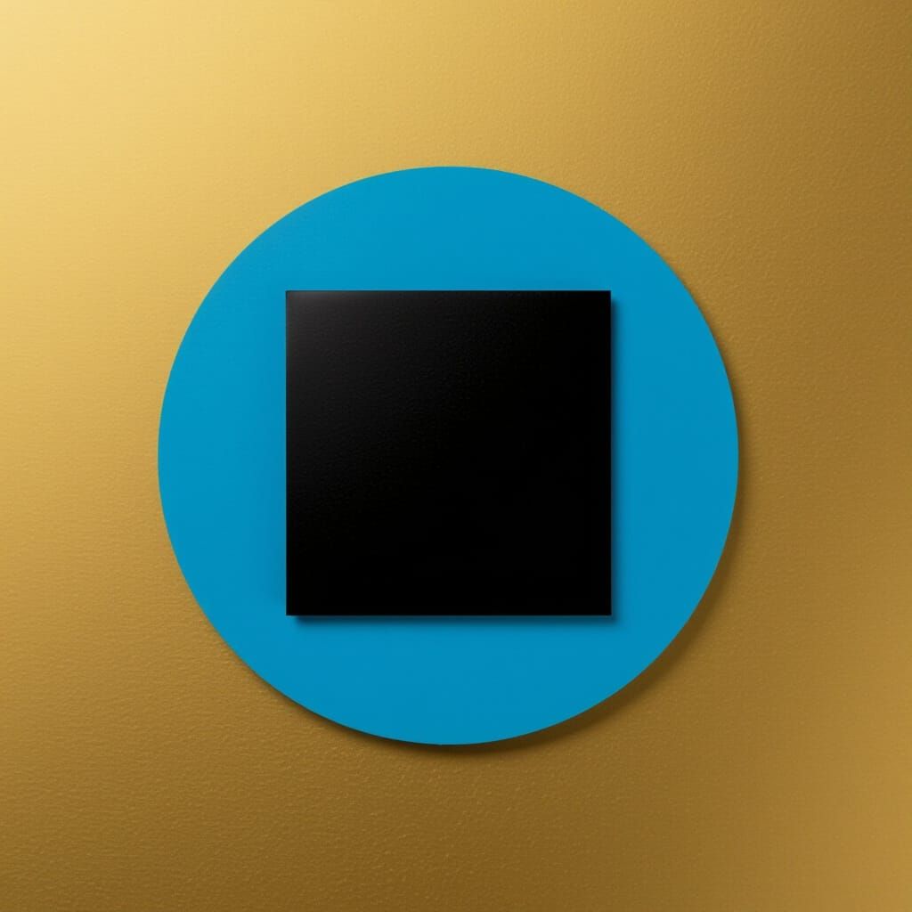 Minimalist Black Square in Blue Circle on Gold