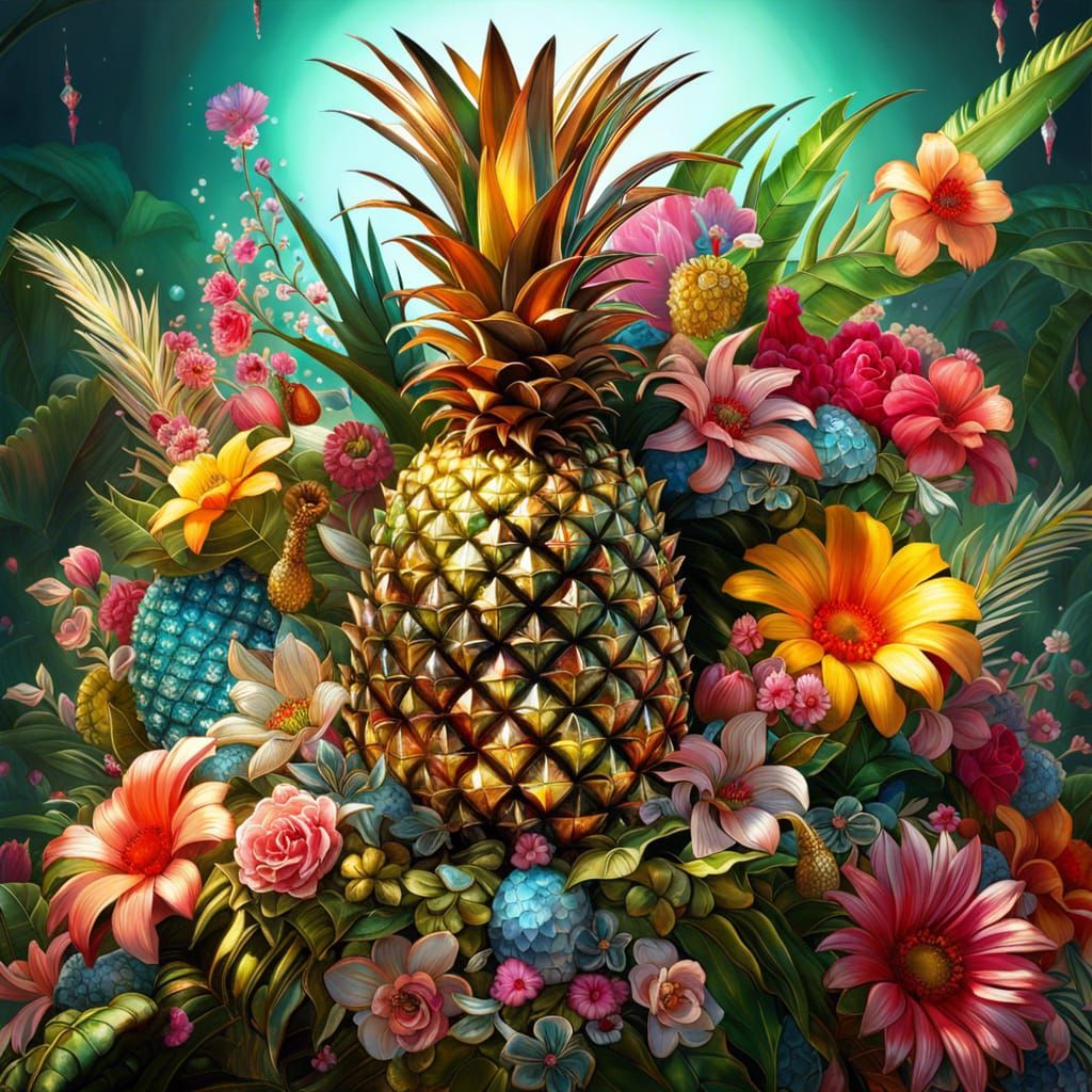 Metallic Pineapple Fantasy Art with Crystals and Flowers