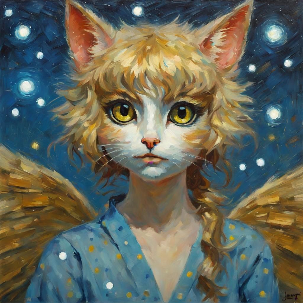 Kemono Cat Girl with Wings in Van Gogh Style