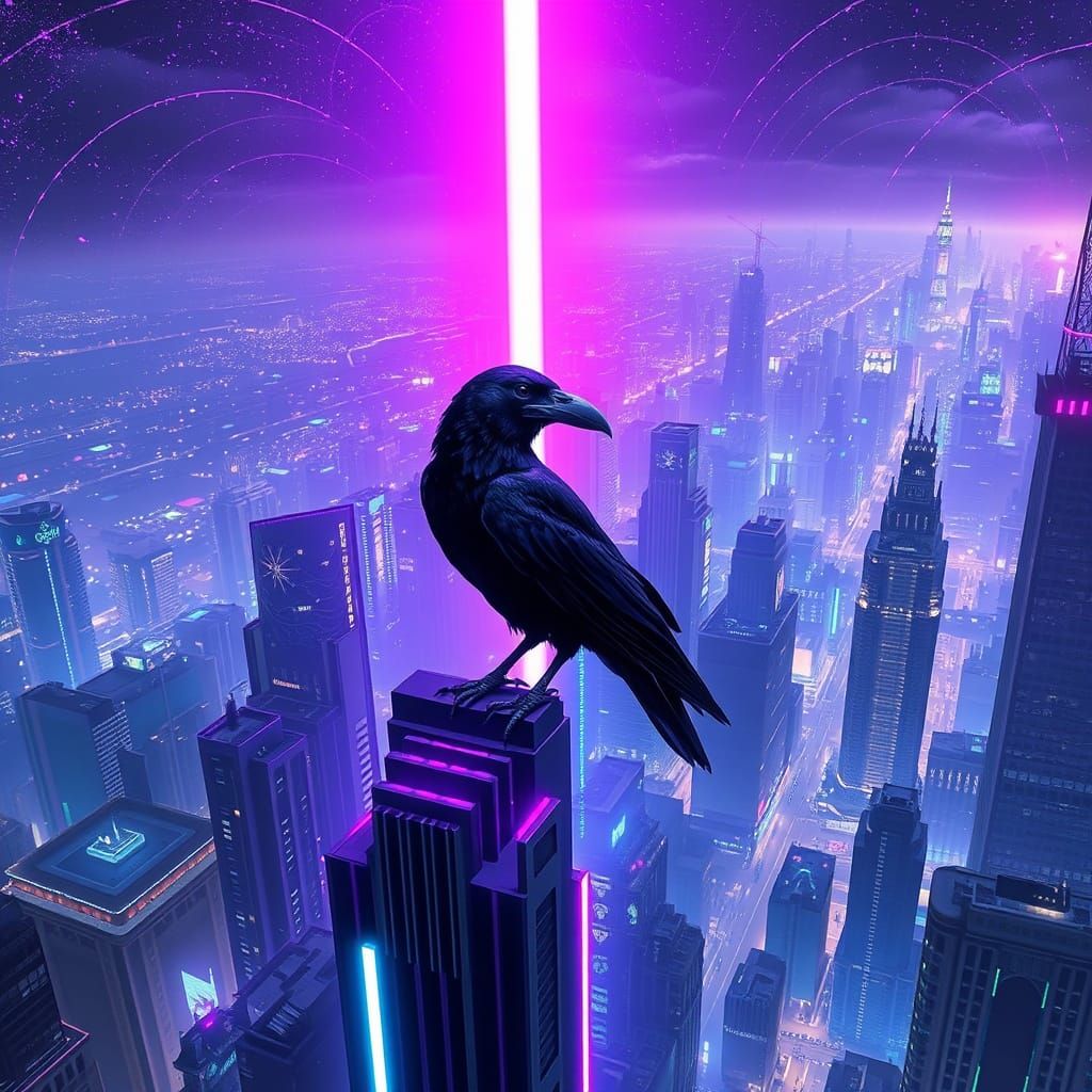 Cyberpunk Space Raven in Vibrant Purple Aura