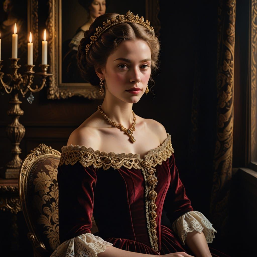 Elegant Woman in Deep Red Velvet Gown, Baroque Style