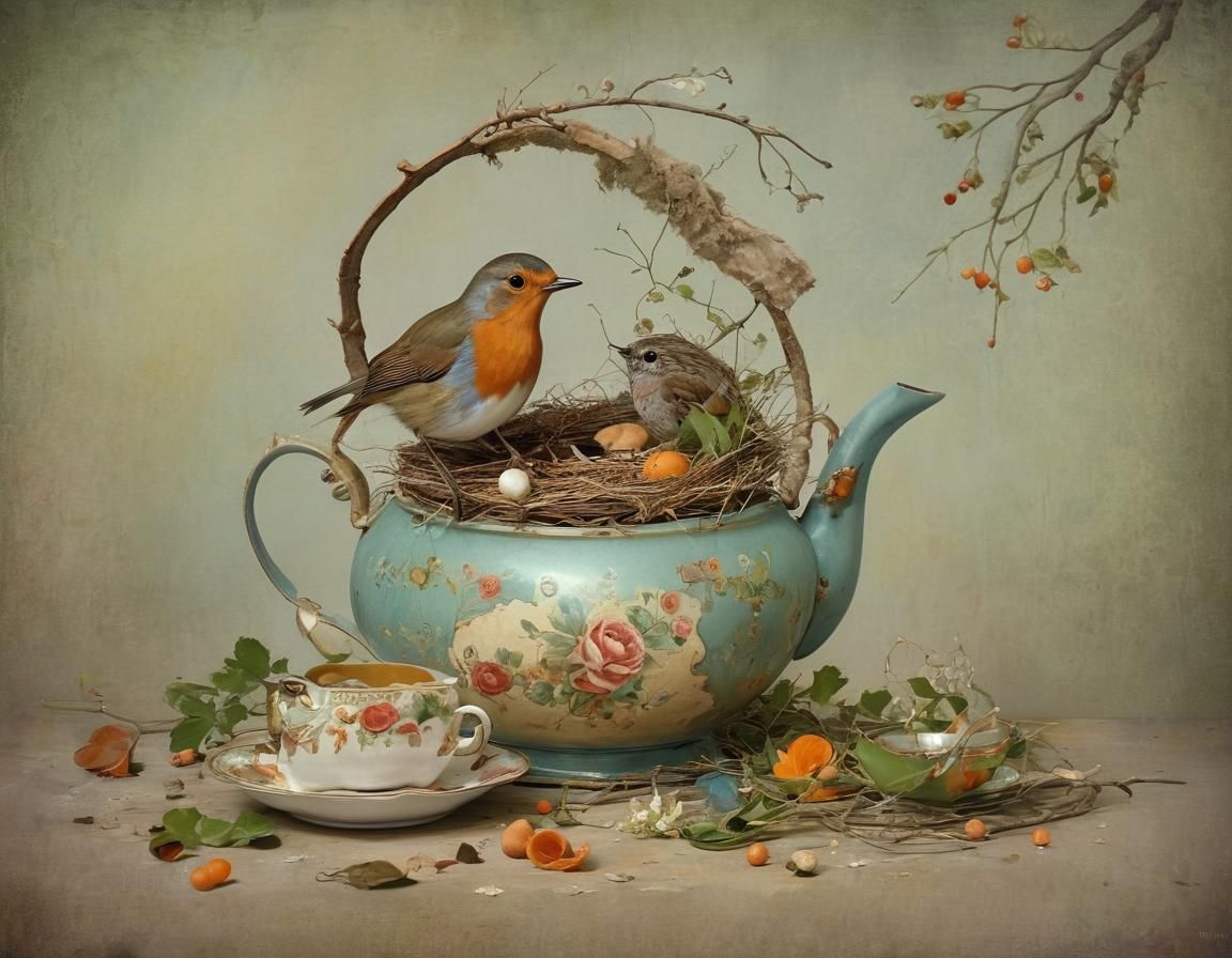 Whimsical Storybook Robin Feeds Young in Broken Teapot Nest