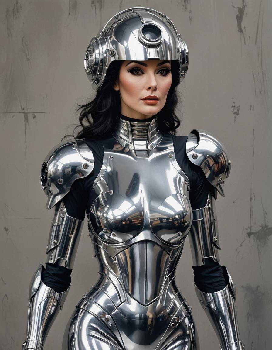 Chrome Gynoid in Power Armor: A Retrofuturist Vision