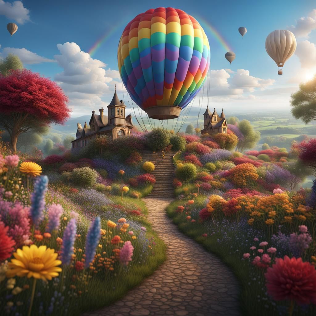 Rainbow Balloon over Flower Garden: Digital Art